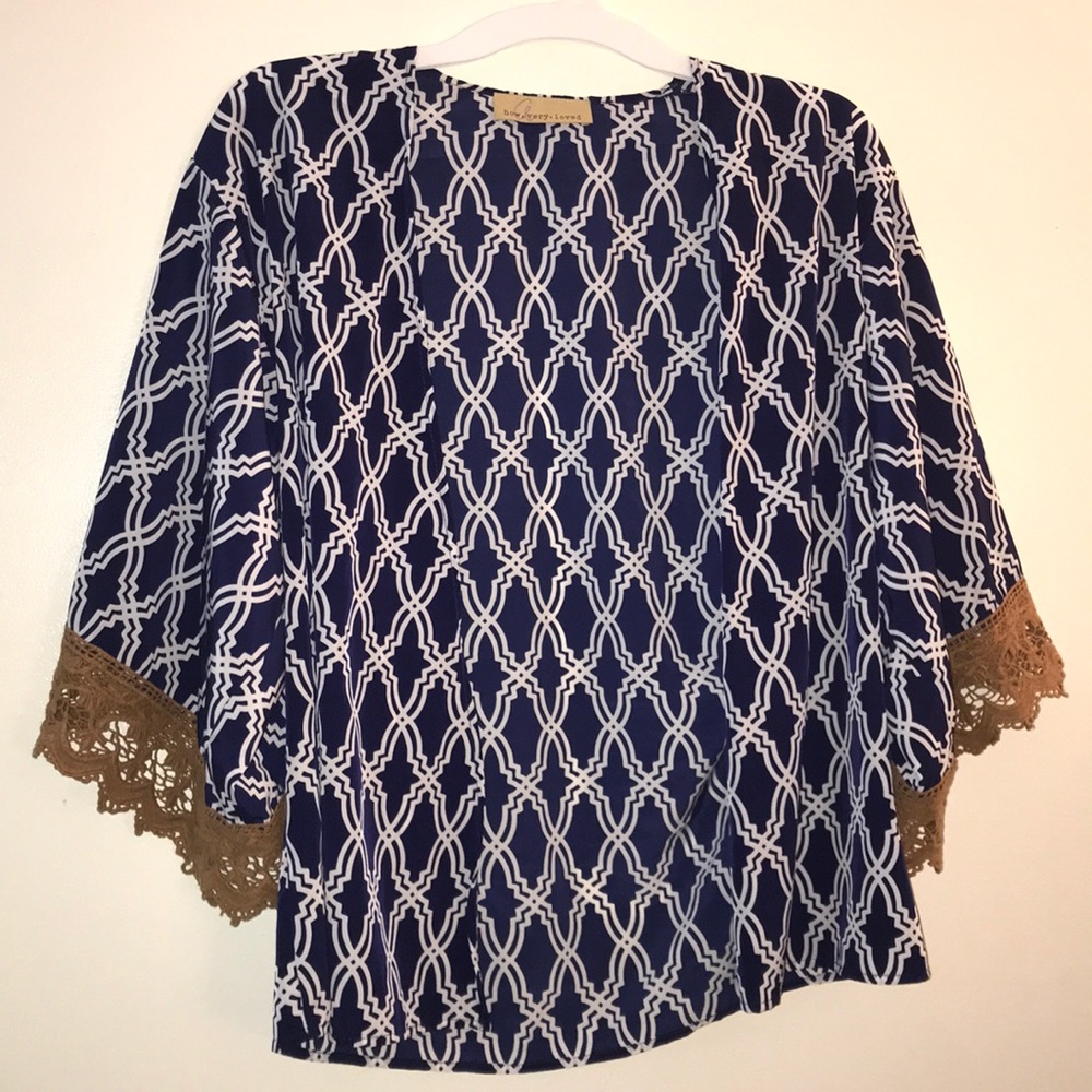 Navy Blue Boutique Kimono Wrap with Lace Sleeve
